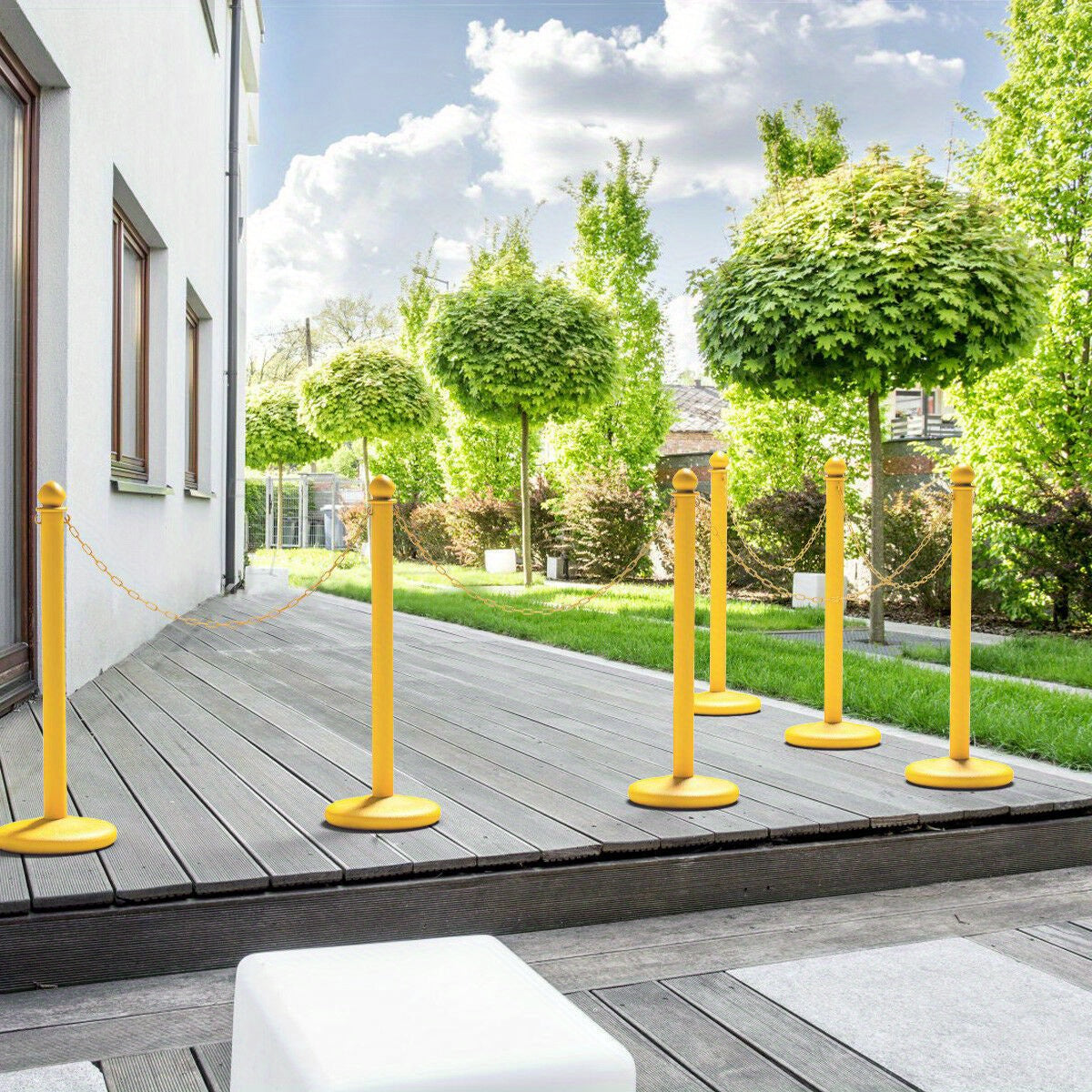 Afzetpalen – Afzethekken – Wachtrijpalen – Barrièrepalen – Queuepaal – Geel – UV-bestendig & Vulbare Krasbestendige Voet – 6 Stuks Met Kettingen