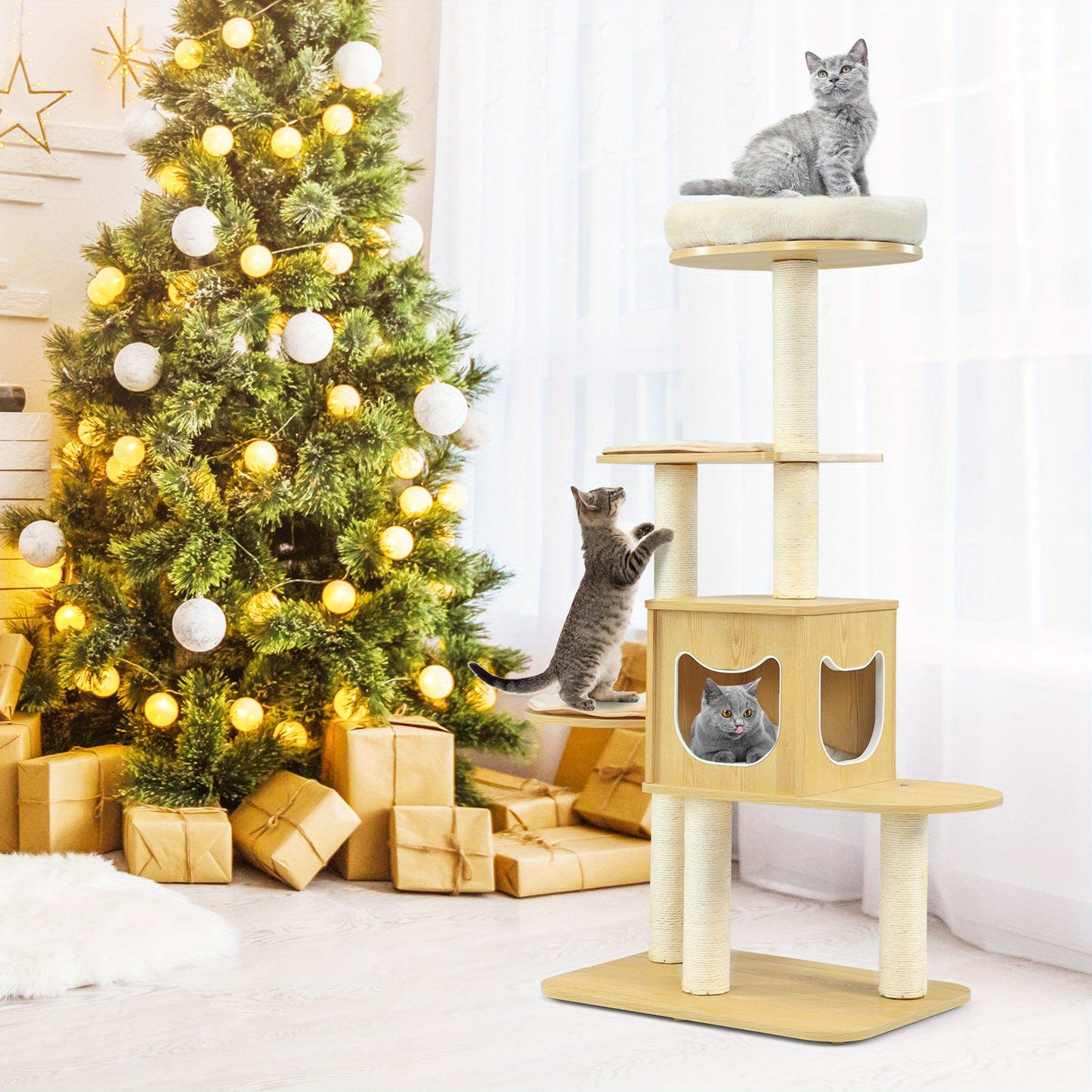 Krabpaal – Kattenboom – Kattenmeubel – Kattenhuis – Kattentoren – Modern Design – 134,6 cm Hoog – Wasbare Matjes