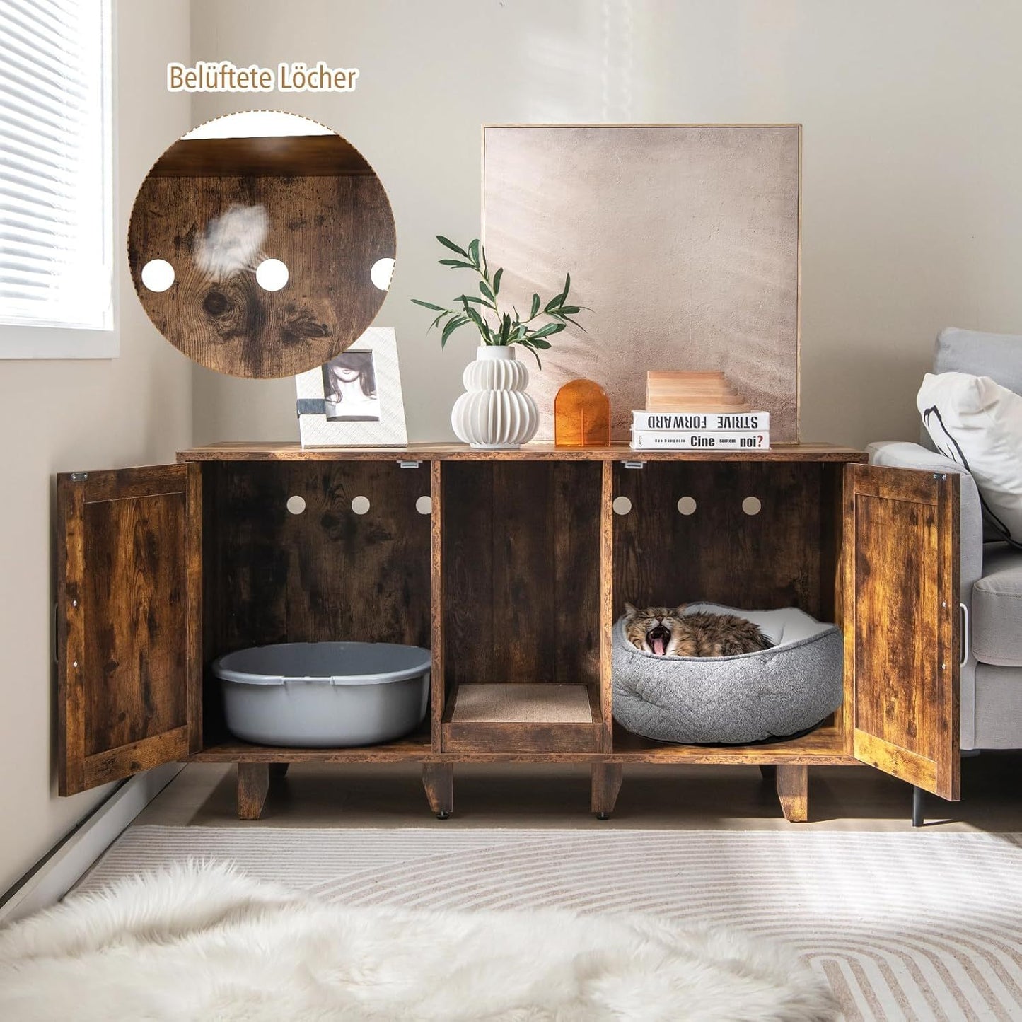 Kattenmeubel – Kattenkast – Kattenbakverstopper – Krabpaal Meubel – Kattenhuis – Bruin – Multifunctioneel Design – Ruime Verstopte Kattenbakruimte