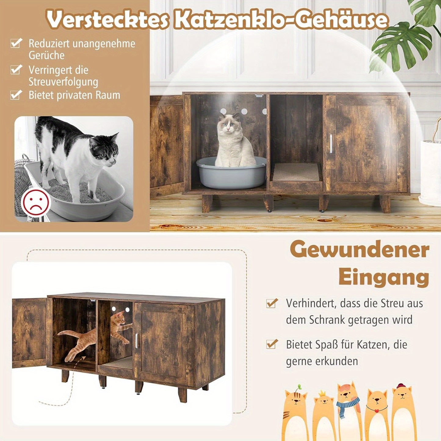 Kattenmeubel – Kattenkast – Kattenbakverstopper – Krabpaal Meubel – Kattenhuis – Bruin – Multifunctioneel Design – Ruime Verstopte Kattenbakruimte