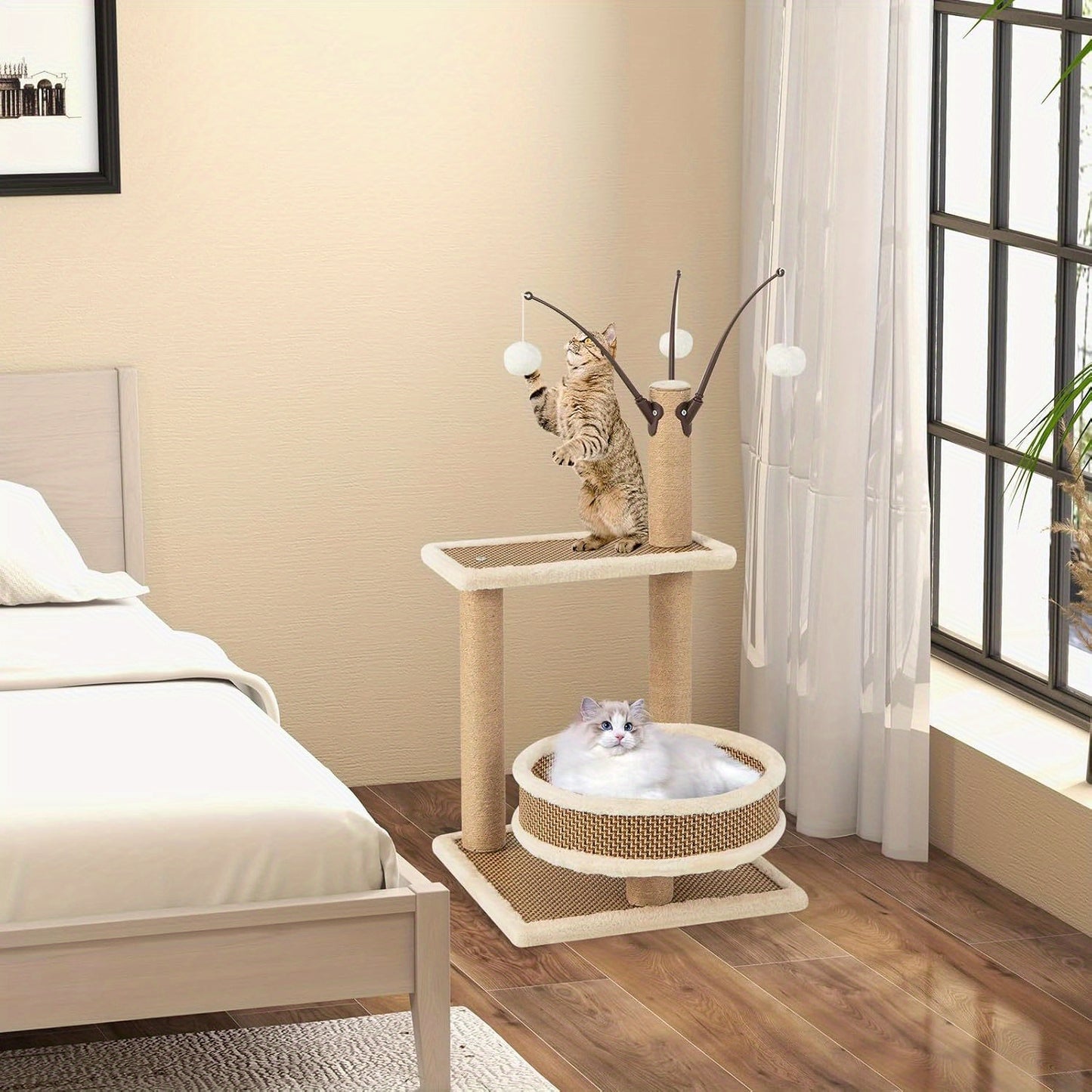 Krabpaal Kat – Krabboom – Kattenmeubel – Kattenklimpaal – Krabton – 3-laags Rattan – Compact Ontwerp – Inclusief 3 Speelballen