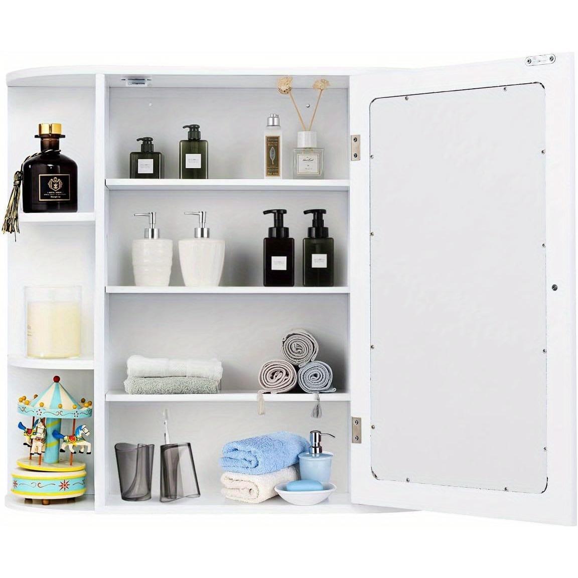 Badkamerkast – Badkamermeubel – Kolomkast – Wandkast – Muurkast – Wit – Met Spiegel – MDF – Verstelbare Planken – Open Vakken – 66x16,7x63 cm