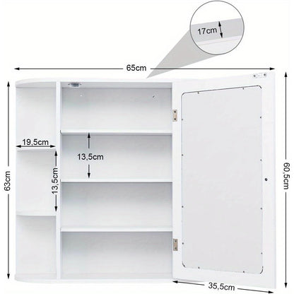 Badkamerkast – Badkamermeubel – Kolomkast – Wandkast – Muurkast – Wit – Met Spiegel – MDF – Verstelbare Planken – Open Vakken – 66x16,7x63 cm