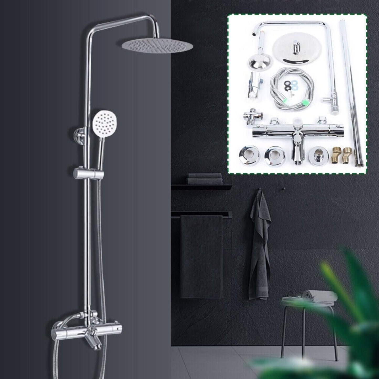 Regendouche – Doucheset – Douchekolom – Handdouche – Thermostaatkraan – RVS Materiaal – Verstelbare Regendouchehoogte 81-117 cm