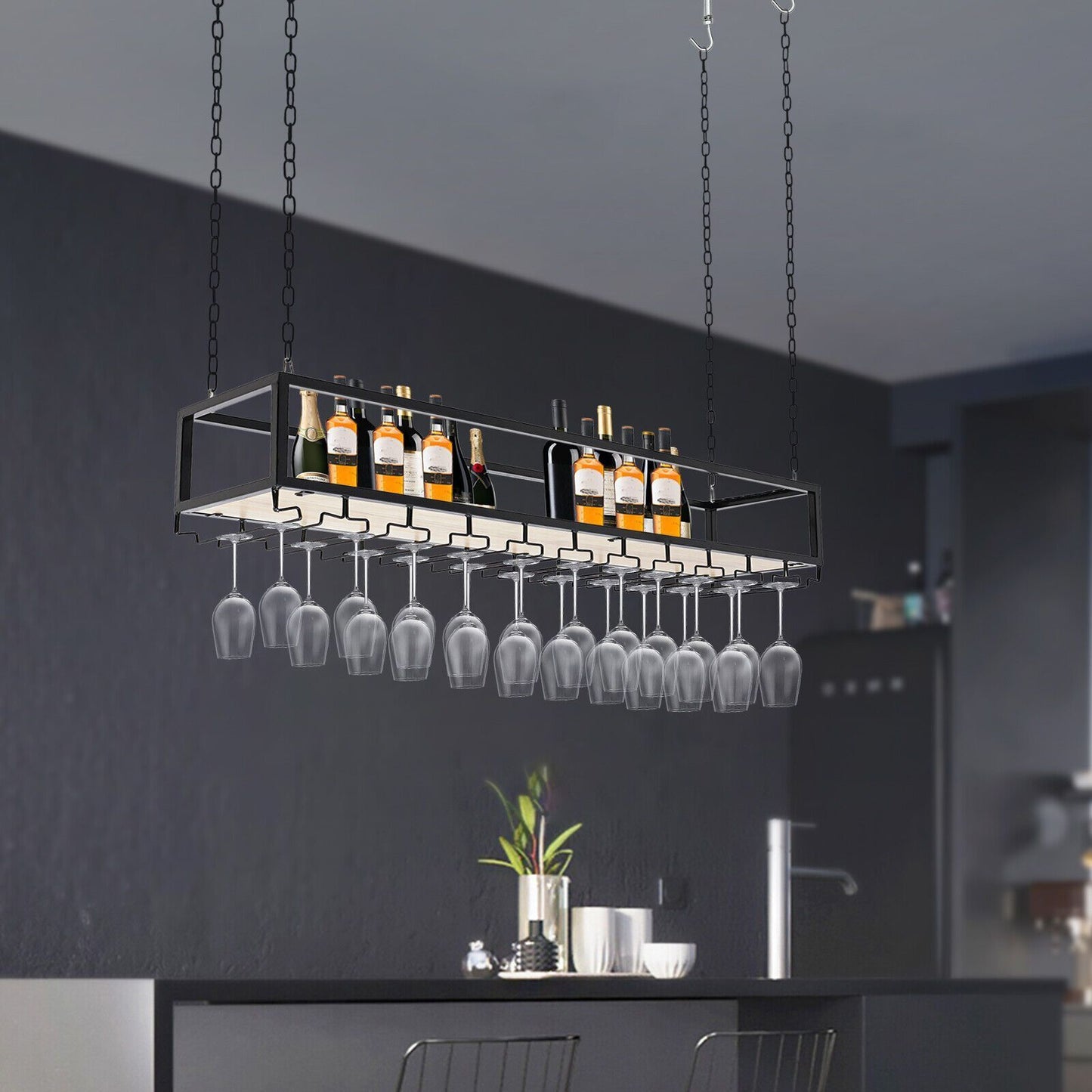 Wijnglashouder Plafond – Wijnglasrek Hangend – Plafondrek Wijn – Wijnrek Met Kettingen – Wijnfleshouder Zwart – Ruimtebesparend – Stijlvol Vintage Metaal