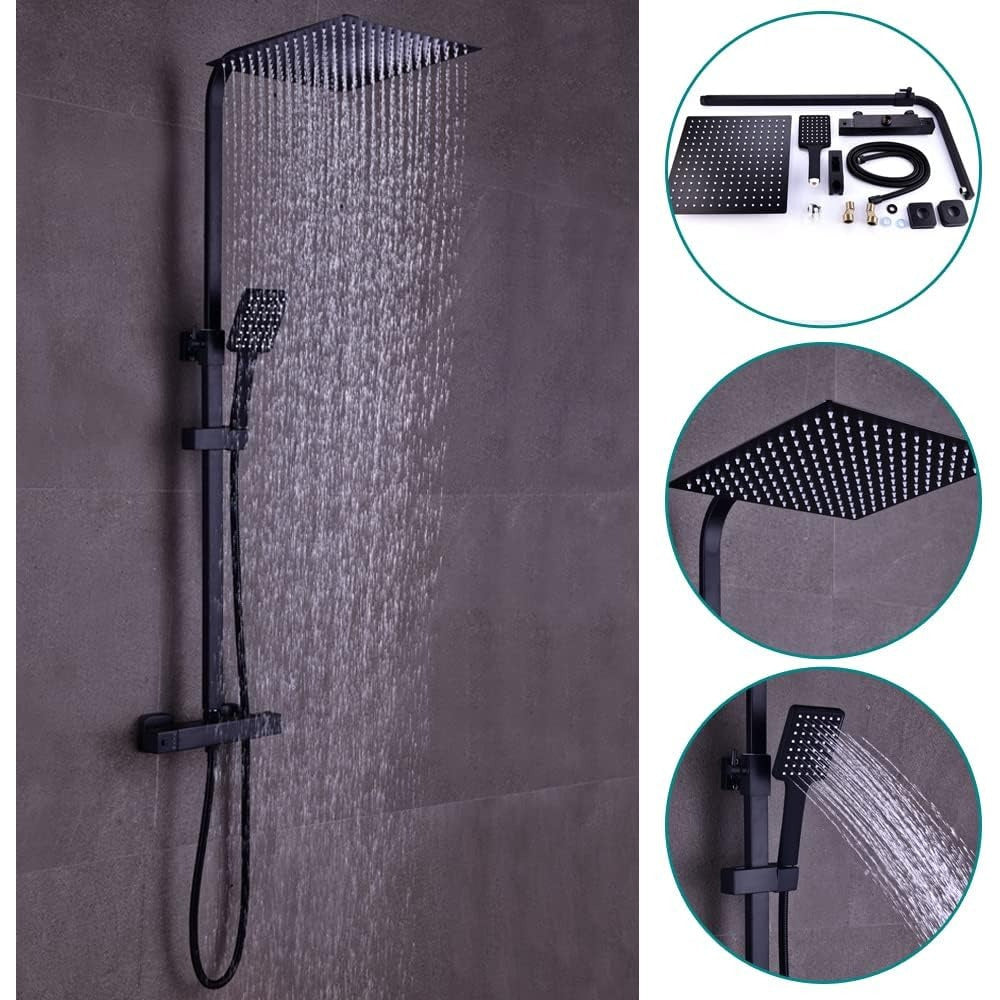 Douchecabine – Douchekop – Regendouche – Handdouche – Doucheset – Mat Zwart – Thermostaatkraan – 30x30 cm Vierkante Regendouche