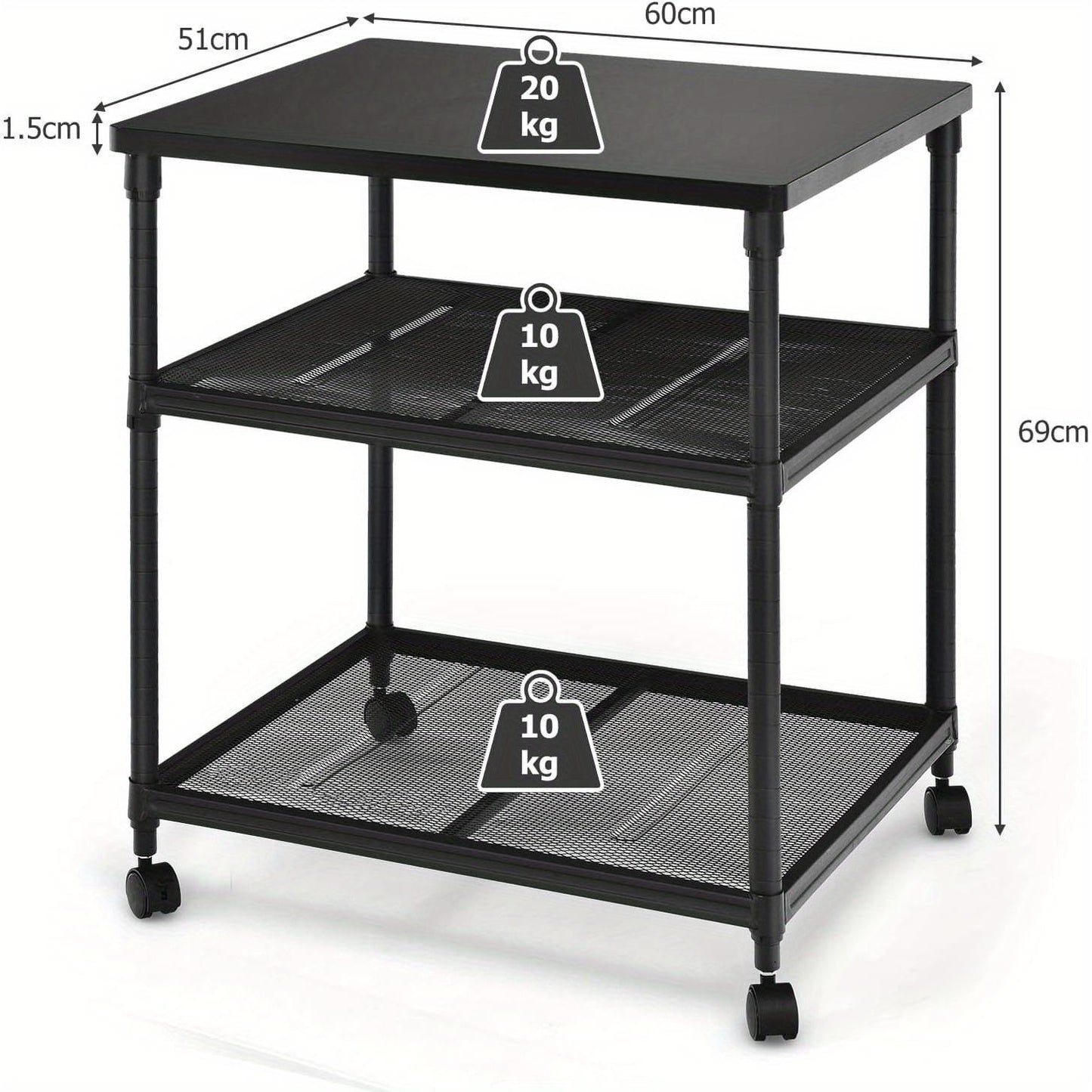 3-laags Printerstandaard – Printertafel – Opbergkast – Bureauwagen – Mobiele Printerkar – Hardhouten Frame – 360° Zwenkwielen Met Rem