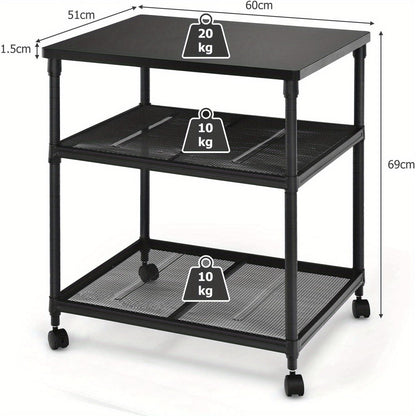 3-laags Printerstandaard – Printertafel – Opbergkast – Bureauwagen – Mobiele Printerkar – Hardhouten Frame – 360° Zwenkwielen Met Rem