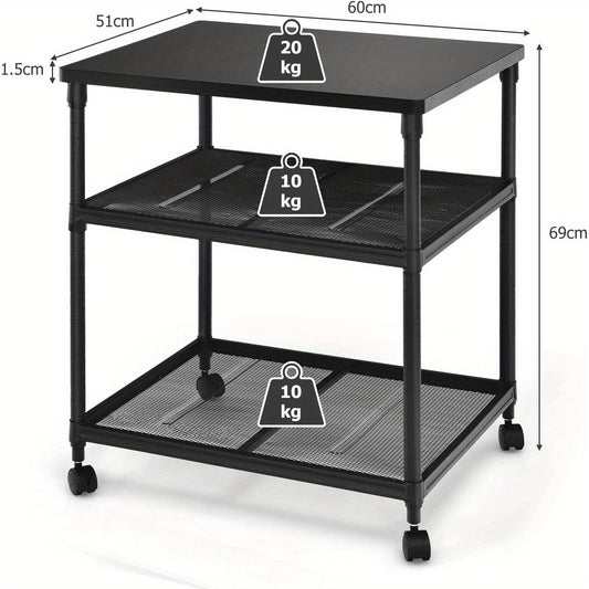 3-laags Printerstandaard – Printertafel – Opbergkast – Bureauwagen – Mobiele Printerkar – Hardhouten Frame – 360° Zwenkwielen Met Rem