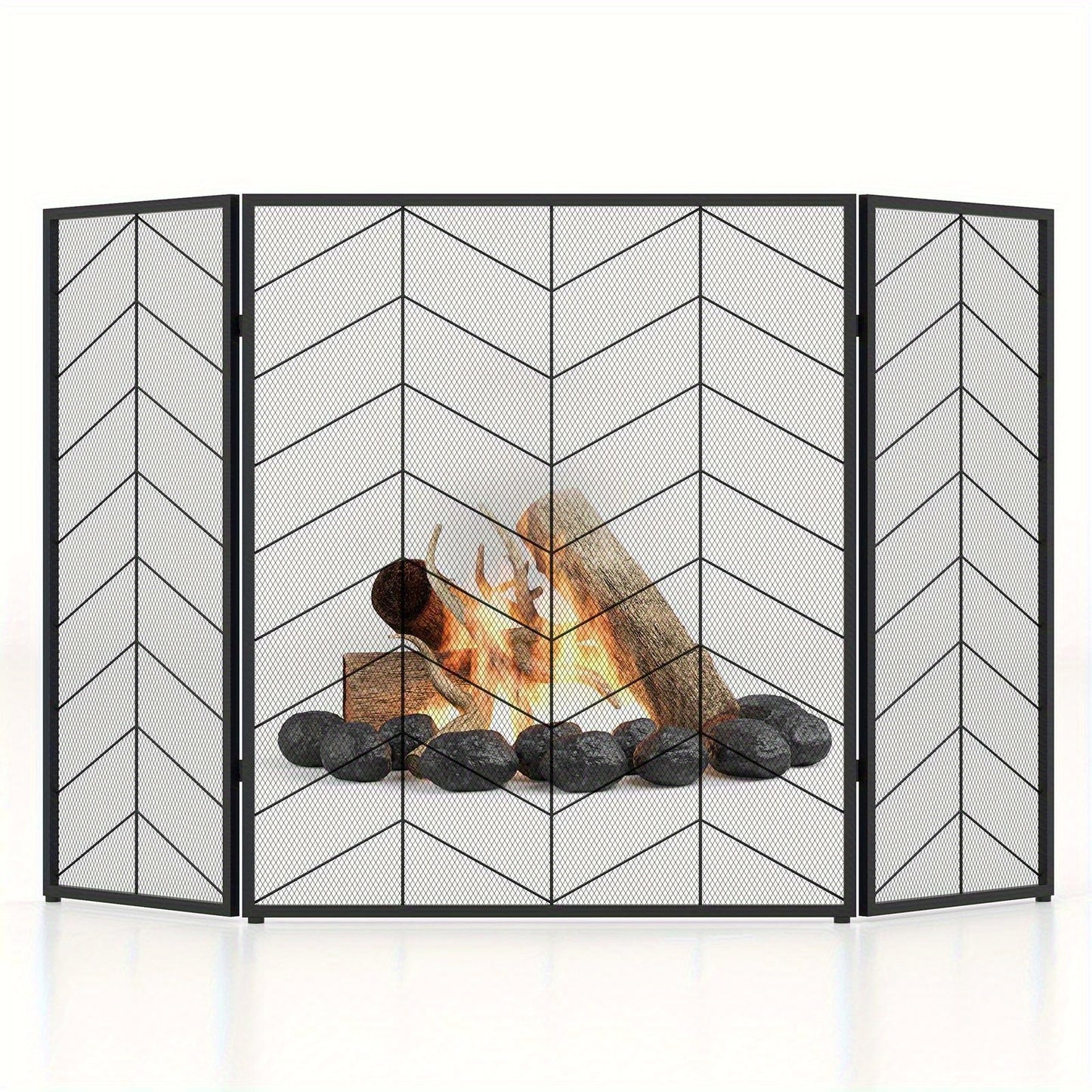 Haardscherm – Haardkorf – Vuurkorf – Vuurhaard Afdekking – Vonkenvanger – 3-delig Vouwbaar – Hittebestendig Metaal – Modern Visgraatpatroon – Afmeting 132x79 cm – Antislip Voetjes