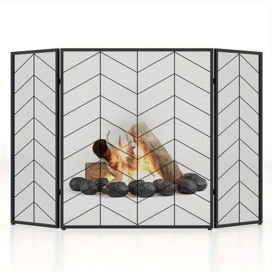Haardscherm – Haardkorf – Vuurkorf – Vuurhaard Afdekking – Vonkenvanger – 3-delig Vouwbaar – Hittebestendig Metaal – Modern Visgraatpatroon – Afmeting 132x79 cm – Antislip Voetjes