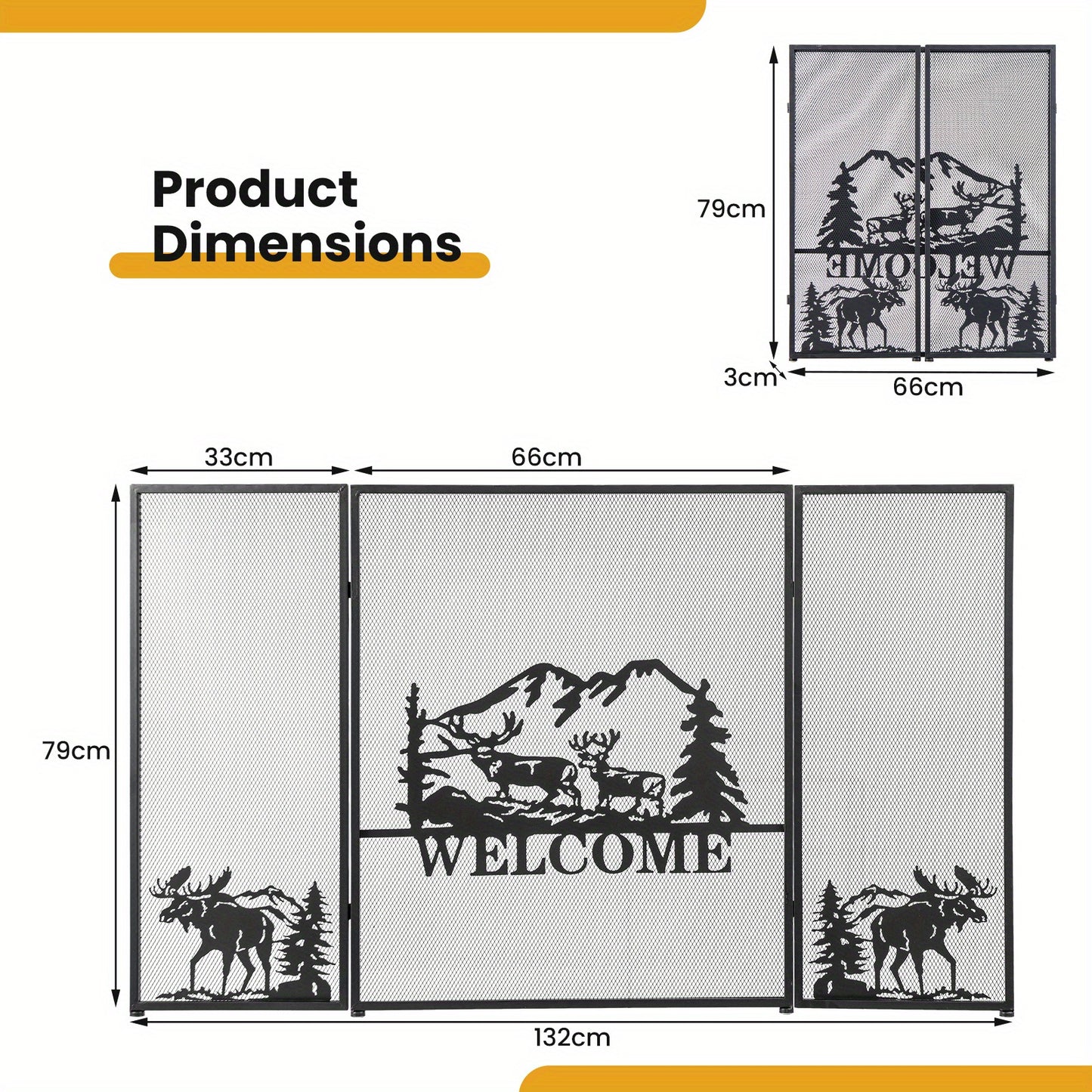 Haardscherm – Openhaardscherm – Vonkenscherm – Haardhek – Kachelhek – Metalen Driepanelen – 132 x 79 cm – Hittebestendig Mat Zwart