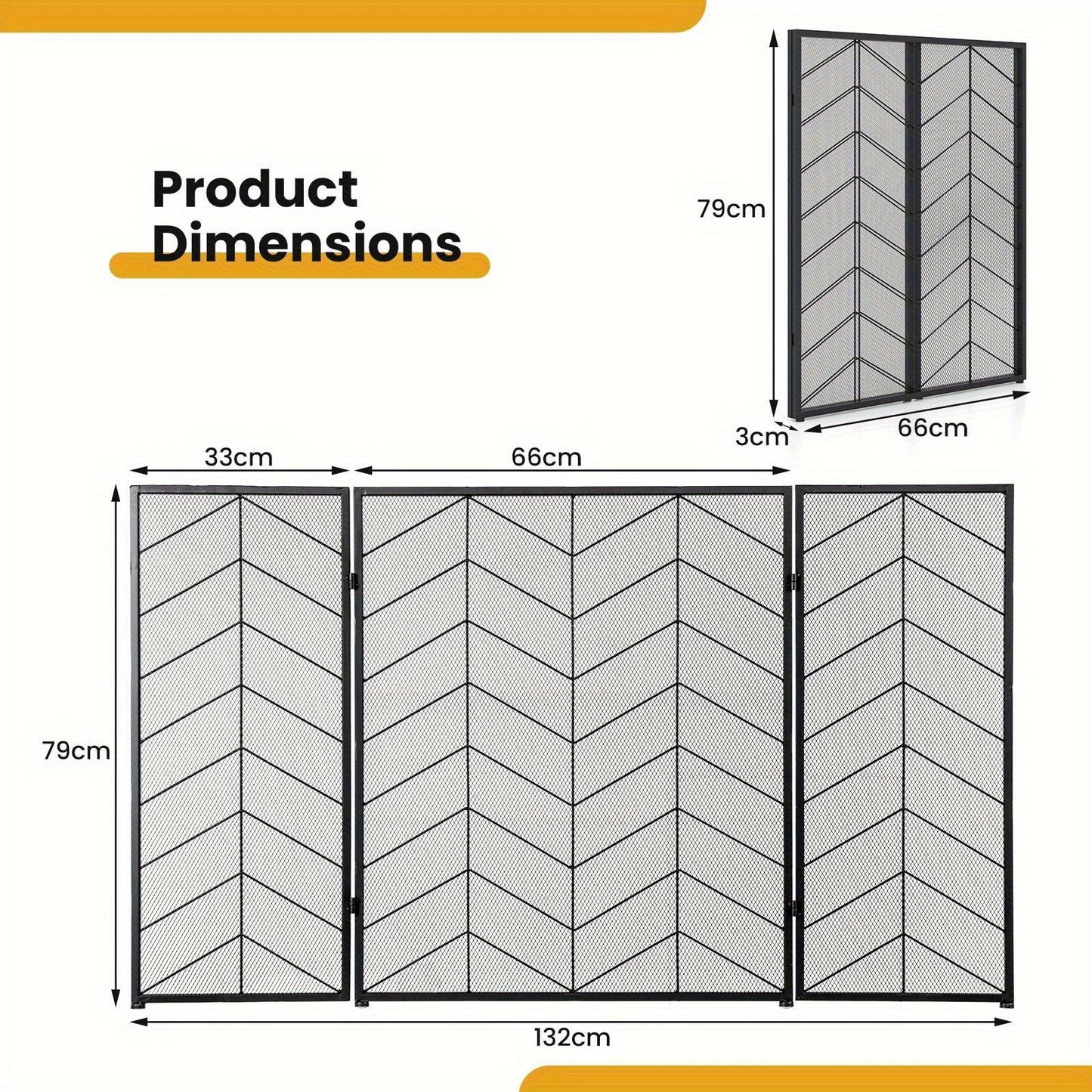 Haardscherm – Haardkorf – Vuurkorf – Vuurhaard Afdekking – Vonkenvanger – 3-delig Vouwbaar – Hittebestendig Metaal – Modern Visgraatpatroon – Afmeting 132x79 cm – Antislip Voetjes