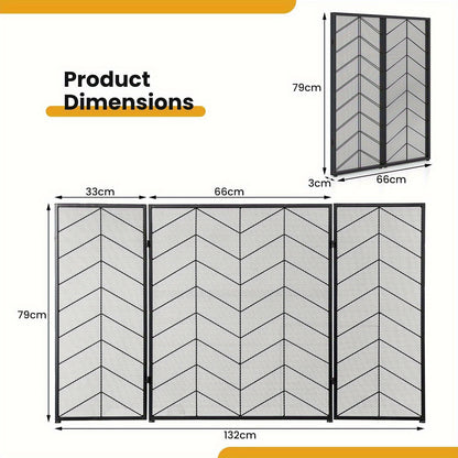 Haardscherm – Haardkorf – Vuurkorf – Vuurhaard Afdekking – Vonkenvanger – 3-delig Vouwbaar – Hittebestendig Metaal – Modern Visgraatpatroon – Afmeting 132x79 cm – Antislip Voetjes