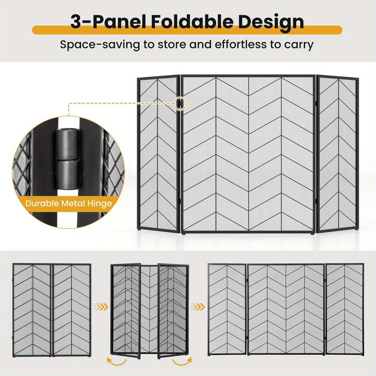 Haardscherm – Haardkorf – Vuurkorf – Vuurhaard Afdekking – Vonkenvanger – 3-delig Vouwbaar – Hittebestendig Metaal – Modern Visgraatpatroon – Afmeting 132x79 cm – Antislip Voetjes