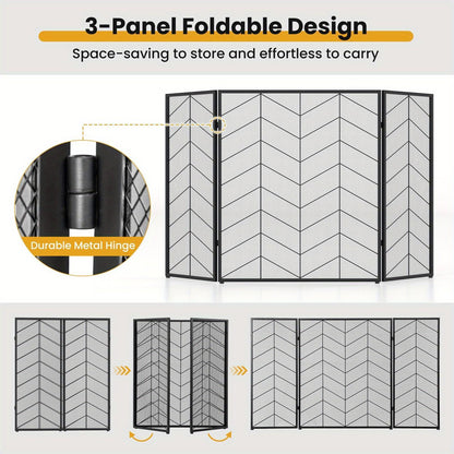 Haardscherm – Haardkorf – Vuurkorf – Vuurhaard Afdekking – Vonkenvanger – 3-delig Vouwbaar – Hittebestendig Metaal – Modern Visgraatpatroon – Afmeting 132x79 cm – Antislip Voetjes