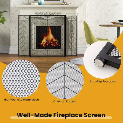 Haardscherm – Haardkorf – Vuurkorf – Vuurhaard Afdekking – Vonkenvanger – 3-delig Vouwbaar – Hittebestendig Metaal – Modern Visgraatpatroon – Afmeting 132x79 cm – Antislip Voetjes