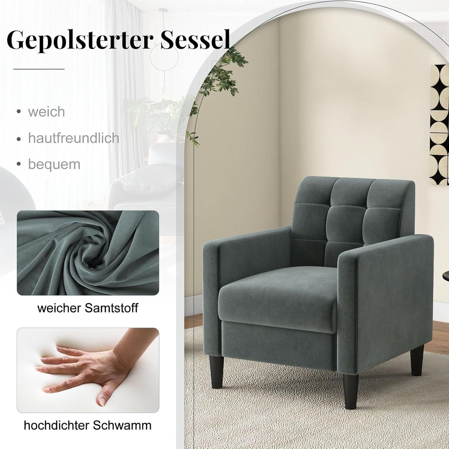 Fauteuil – Relaxstoel – Zetel – Loungestoel – Draaifauteuil – Mid-Century Design – Velvet Bekleding – Robuust Houten Frame – Ergonomisch – Grijs