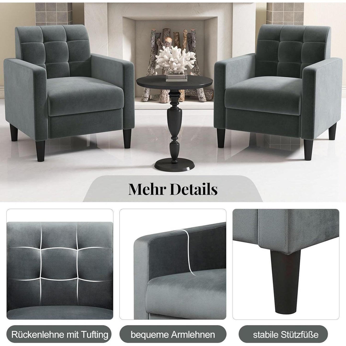 Fauteuil – Relaxstoel – Zetel – Loungestoel – Draaifauteuil – Mid-Century Design – Velvet Bekleding – Robuust Houten Frame – Ergonomisch – Grijs