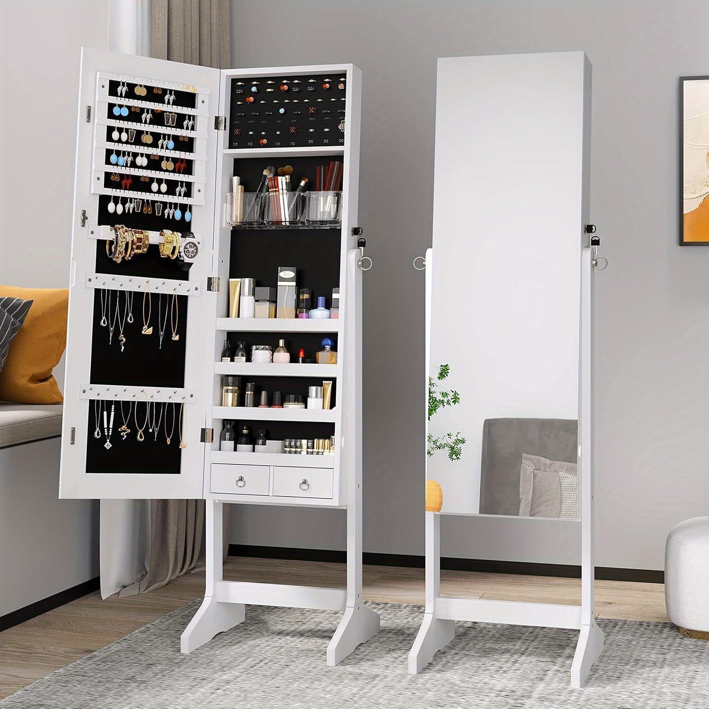 Sieradenkast – Sieradendoos – Juwelendoos – Sieradenopberger – Spiegelkast – Staand Met Slot – 120 cm Hoog Met Fluweel Bekleed