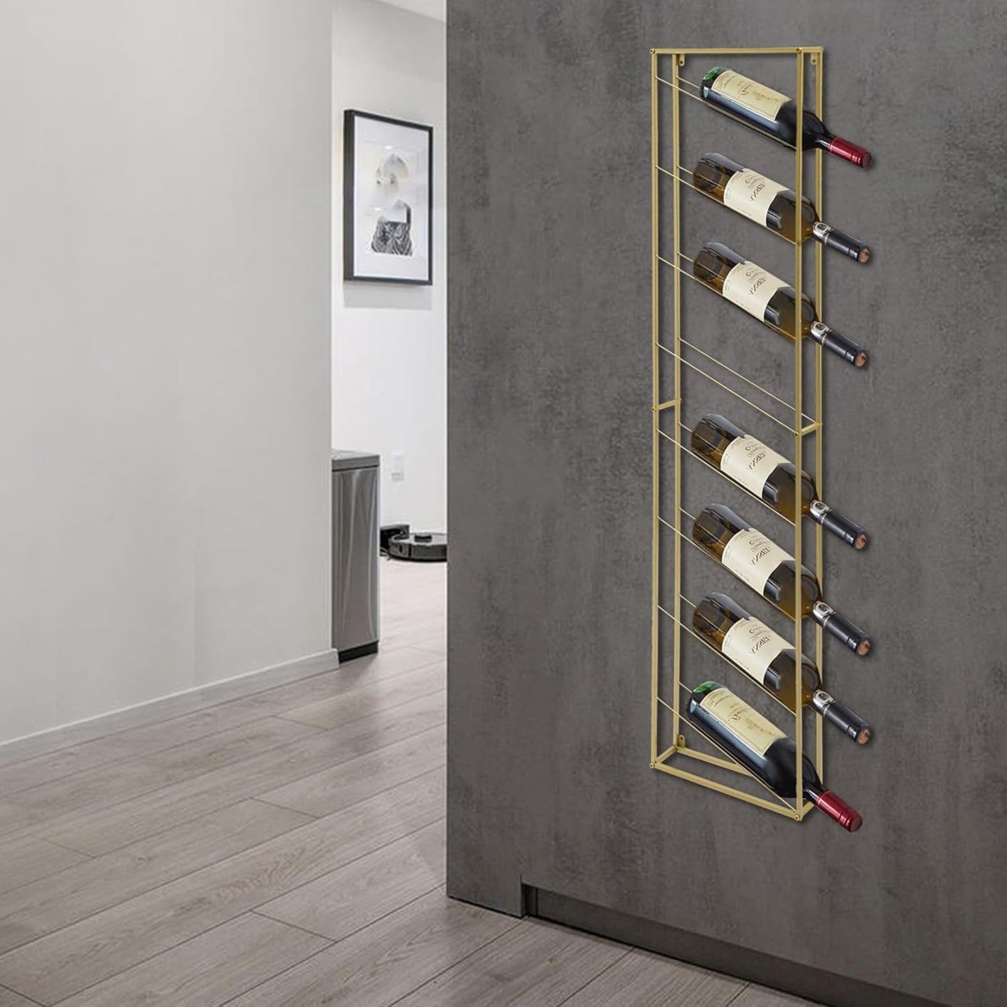 Wijnrek – Flessenrek – Wandrek – Wijnhouder – Opbergrek – 8 Lagen – Goud Staal – Wandmontage