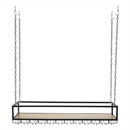 Wijnrek – Flessenrek – Wijnhanger – Wijnflessenhouder – Glazenrek – Verstelbaar in Hoogte – Zwart Gepoedercoat Metaal & Hout – 140x25x100 cm