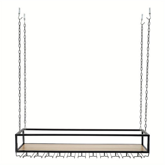 Wijnrek – Flessenrek – Wijnhanger – Wijnflessenhouder – Glazenrek – Verstelbaar in Hoogte – Zwart Gepoedercoat Metaal & Hout – 140x25x100 cm