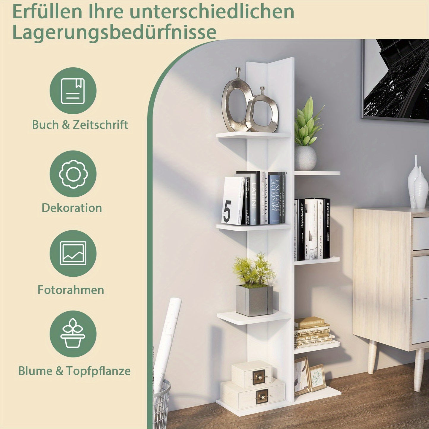 Boekenkast – Boekenrek – Opbergkast – Vakkenkast – Hoekboekenkast – Vrijstaand – 7 Planken – MDF Wit – Compact & Duurzaam