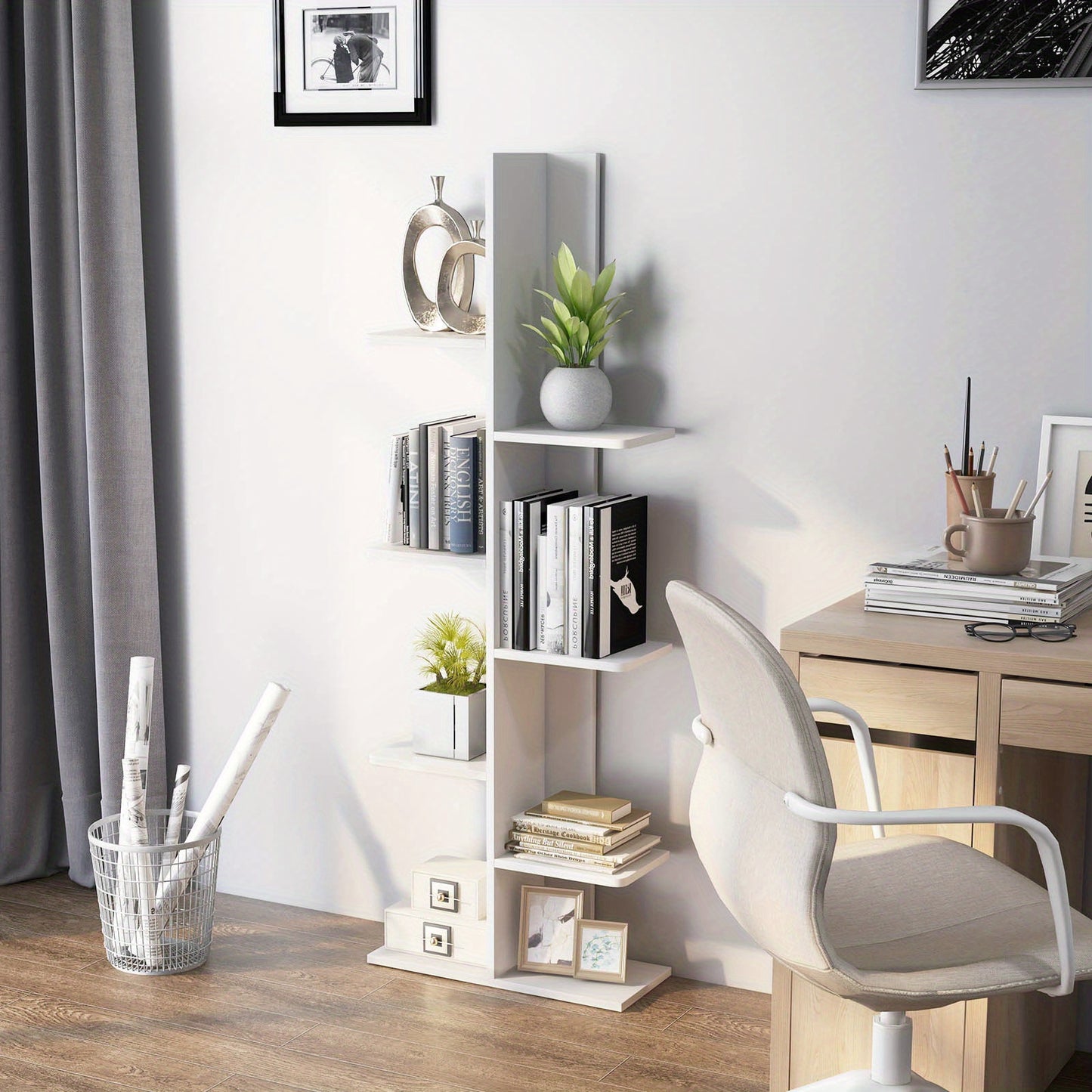 Boekenkast – Boekenrek – Opbergkast – Vakkenkast – Hoekboekenkast – Vrijstaand – 7 Planken – MDF Wit – Compact & Duurzaam