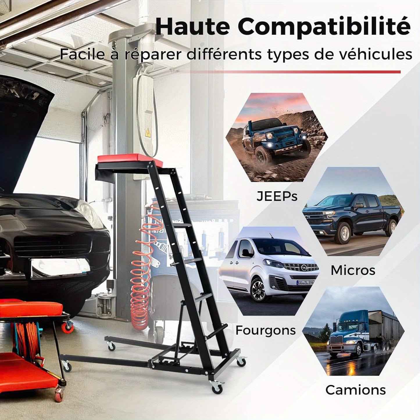 Motorwerktrolley – Motorwerktrolley Verstelbaar – Motorfietsstoel – Werkplaatskruk – Garagebank – Inklapbaar Design – Verstelbare Hoogte 114,5-168 cm – Stevige Metalen Constructie Met Remmen