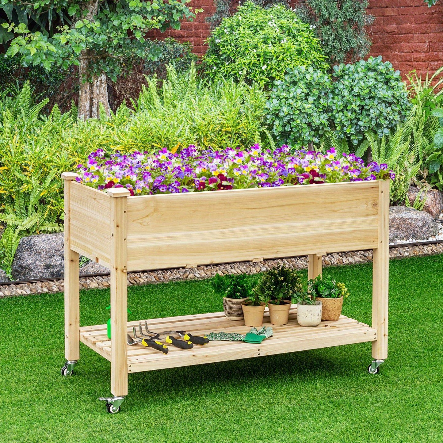 Hoogtebak – Verhoogd Plantenbed – Moestuinbak – Kruidenbak – Bloembak – Natuurlijk Vurenhout – 120x59x84 cm – Met Opbergruimte en Wieltjes