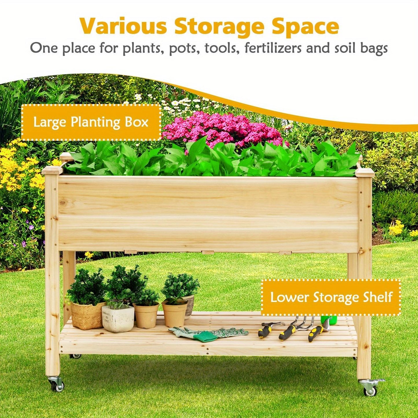 Hoogtebak – Verhoogd Plantenbed – Moestuinbak – Kruidenbak – Bloembak – Natuurlijk Vurenhout – 120x59x84 cm – Met Opbergruimte en Wieltjes