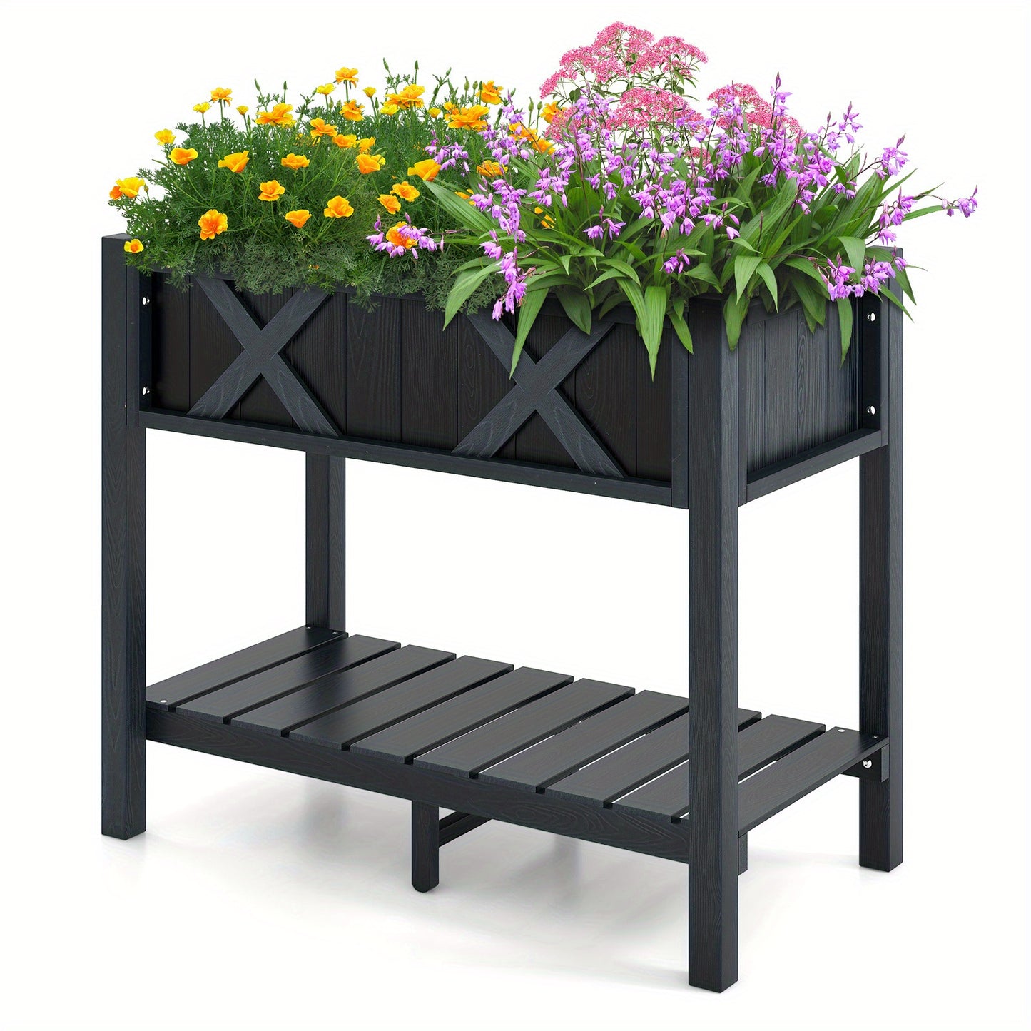 Raised Bed with Shelf And Drainage Holes, Flower Bed Plant Box Wood Black