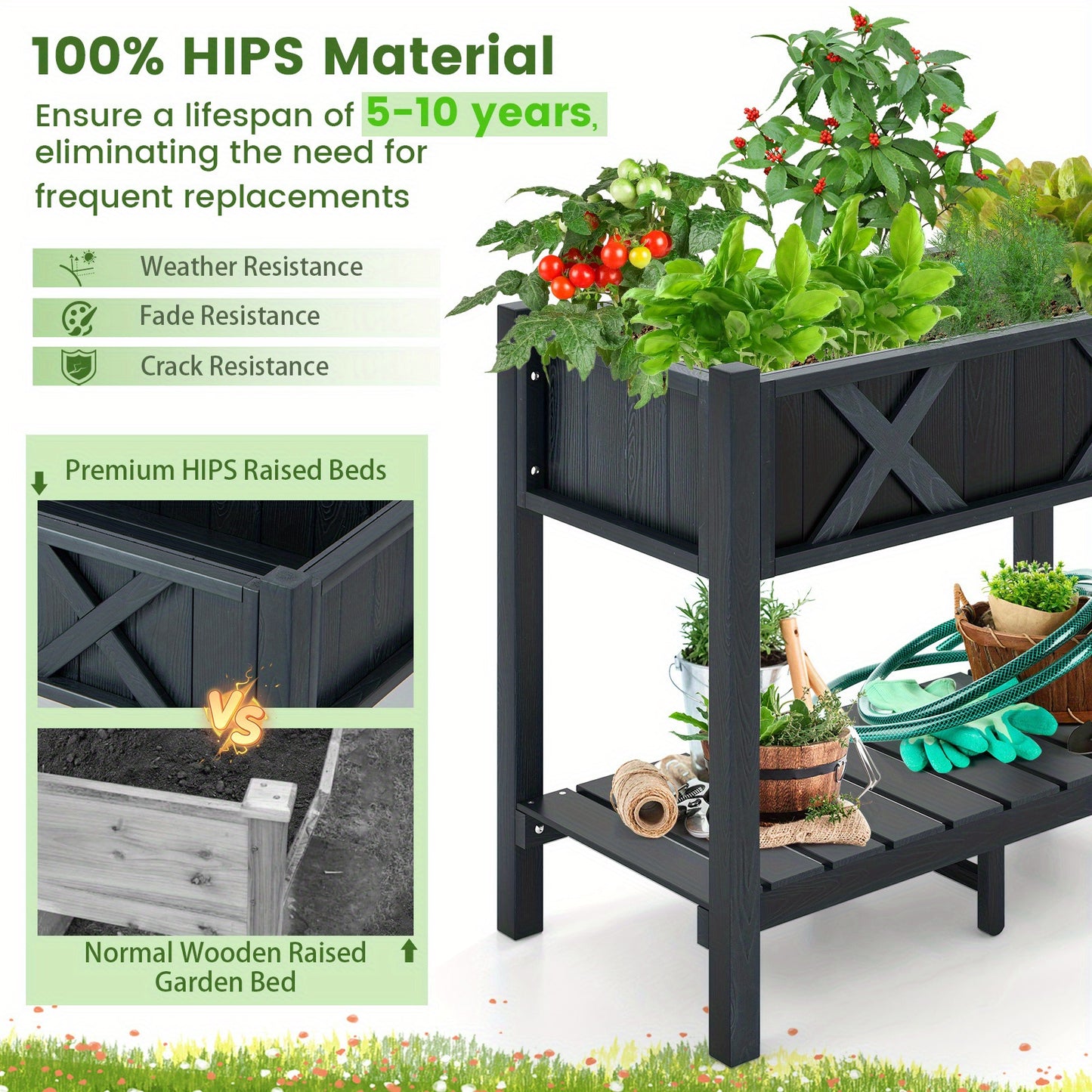 Raised Bed with Shelf And Drainage Holes, Flower Bed Plant Box Wood Black