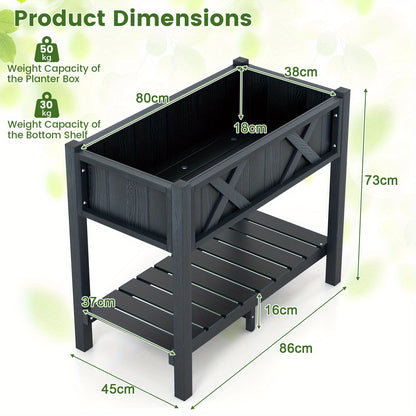 Raised Bed with Shelf And Drainage Holes, Flower Bed Plant Box Wood Black