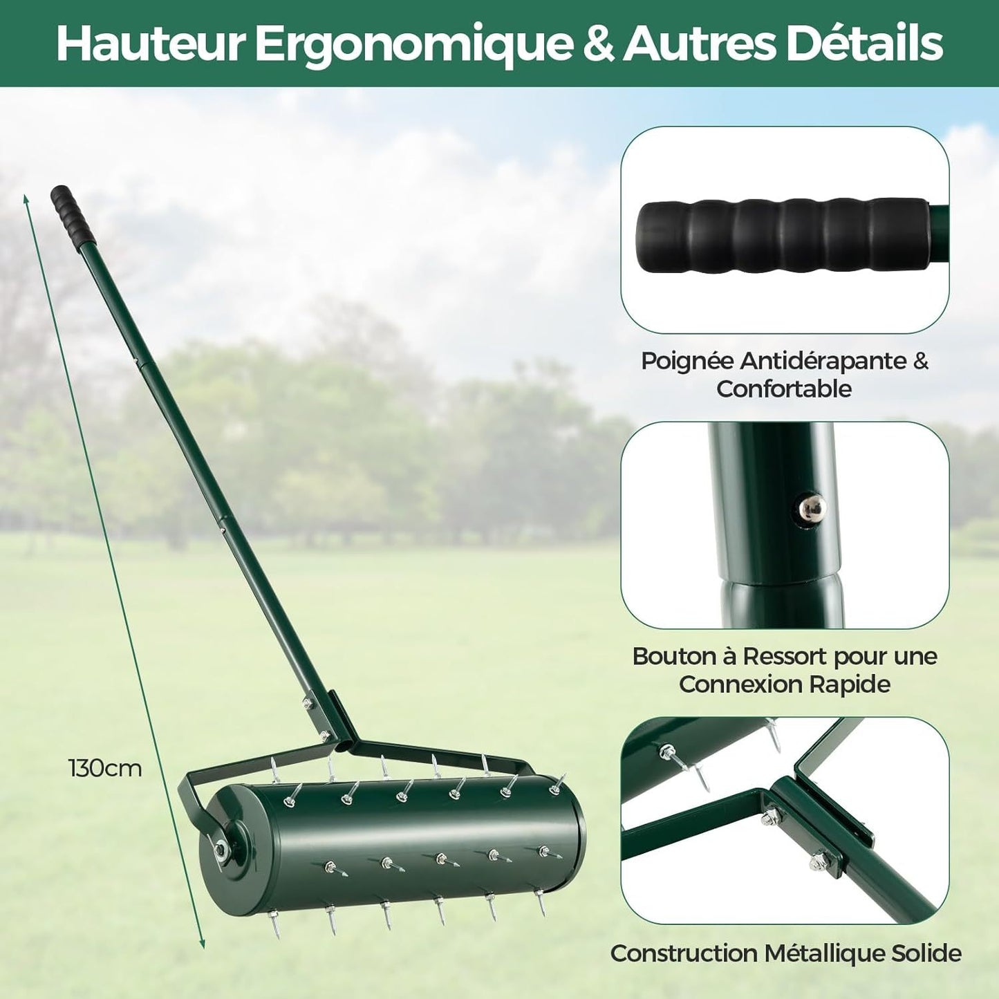 Beluchter – Gazonbeluchter – Gazonprikker – Gazonrol – Grasbeluchter – 130 cm Hoogte – 33 Roestvrije Metalen Spikes – Groen