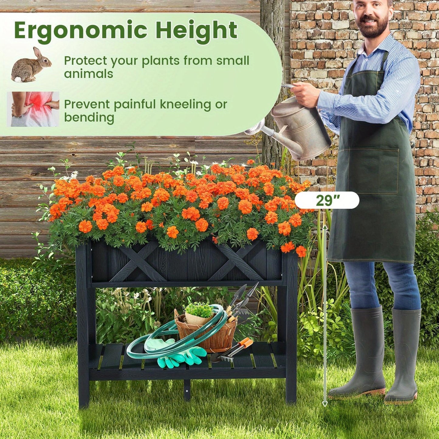 Raised Bed with Shelf And Drainage Holes, Flower Bed Plant Box Wood Black