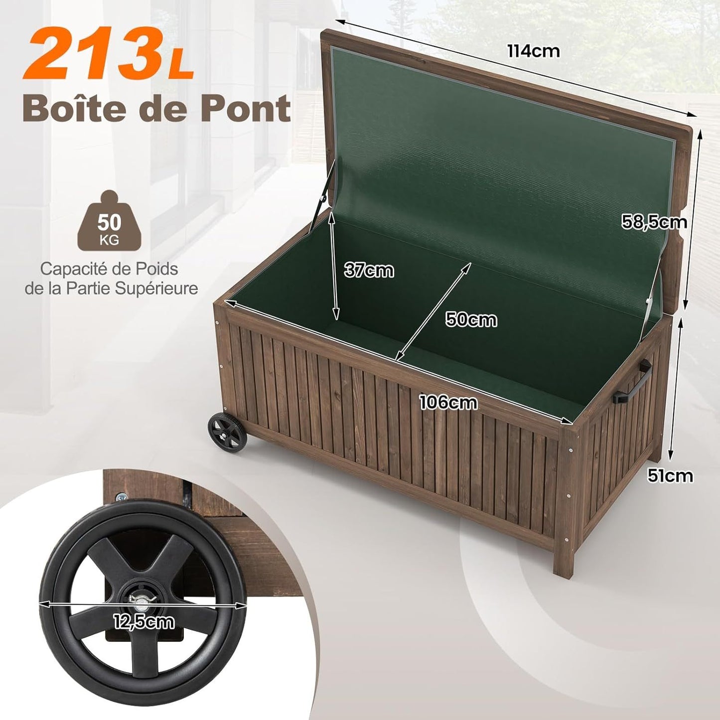 Opbergbox – Opbergkist – Buitenbox – Tuinopberger – Houtopbergbox – 213 Liter – Vurenhout Met Waterdichte PE Voering
