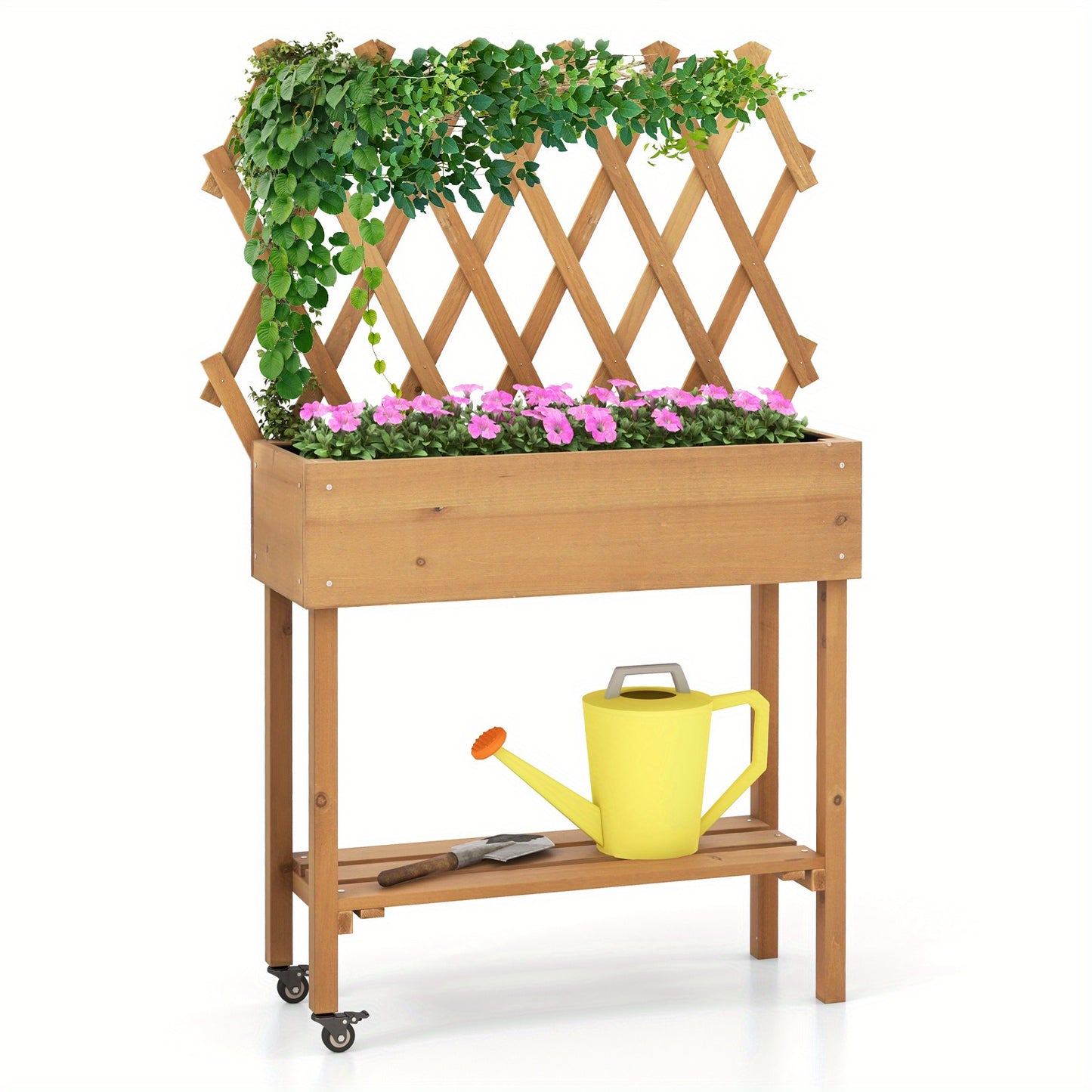 Hoogte Plantenbak – Verhoogd Plantenbed – Bloembak – Tuinbak – Plantenbak Met Klimnet – Houten Frame – Met Opbergruimte En Wieltjes Met Rem – Afmeting 90x29x129 cm