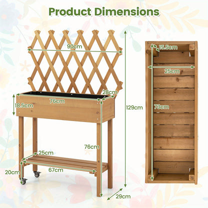 Hoogte Plantenbak – Verhoogd Plantenbed – Bloembak – Tuinbak – Plantenbak Met Klimnet – Houten Frame – Met Opbergruimte En Wieltjes Met Rem – Afmeting 90x29x129 cm