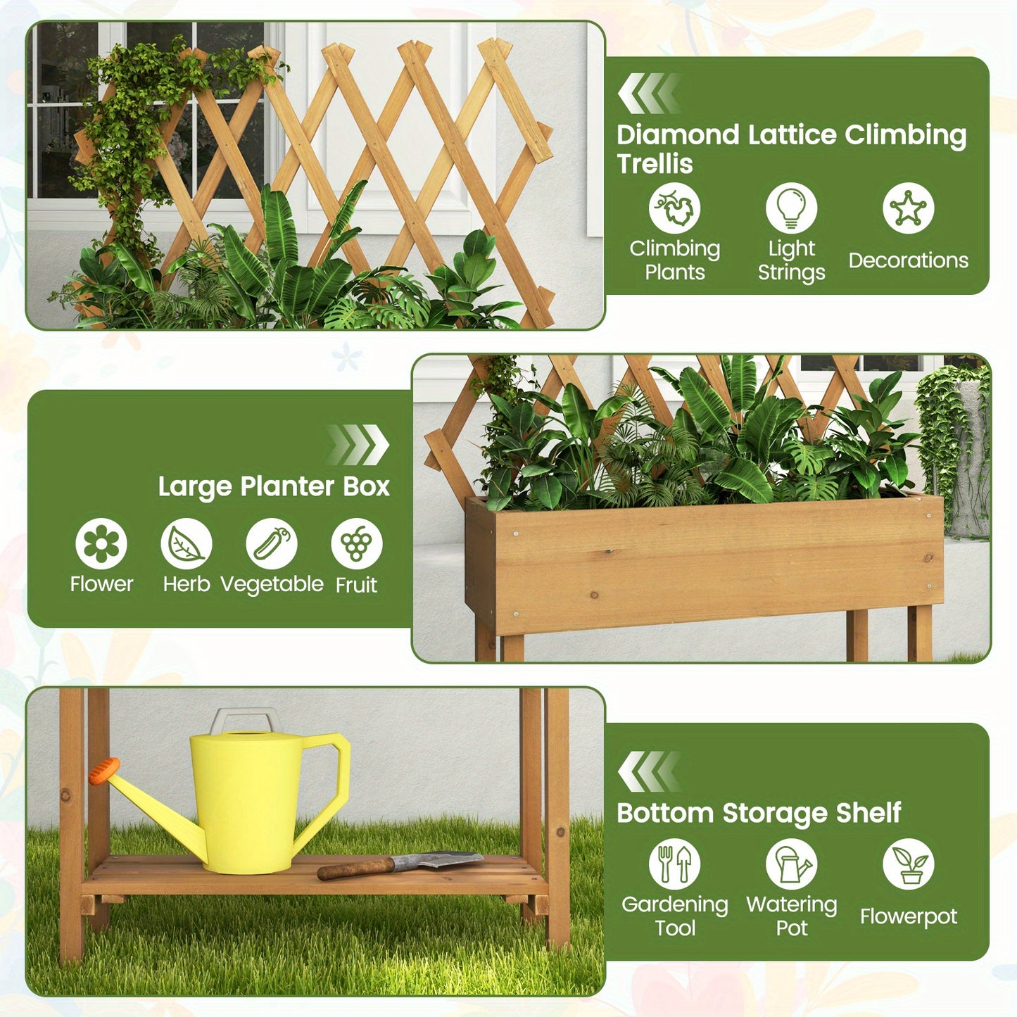 Hoogte Plantenbak – Verhoogd Plantenbed – Bloembak – Tuinbak – Plantenbak Met Klimnet – Houten Frame – Met Opbergruimte En Wieltjes Met Rem – Afmeting 90x29x129 cm