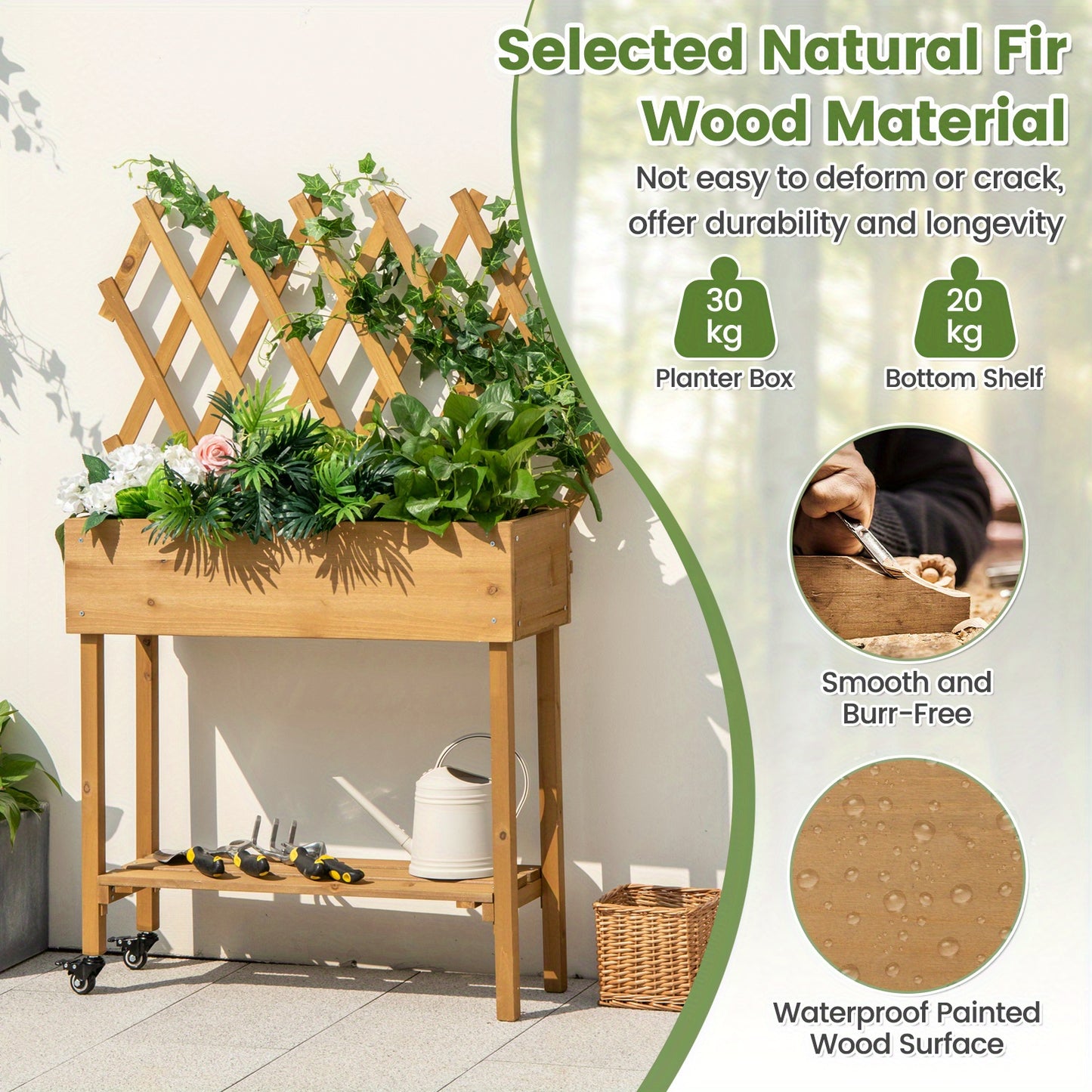 Hoogte Plantenbak – Verhoogd Plantenbed – Bloembak – Tuinbak – Plantenbak Met Klimnet – Houten Frame – Met Opbergruimte En Wieltjes Met Rem – Afmeting 90x29x129 cm