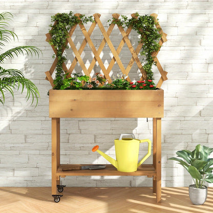 Hoogte Plantenbak – Verhoogd Plantenbed – Bloembak – Tuinbak – Plantenbak Met Klimnet – Houten Frame – Met Opbergruimte En Wieltjes Met Rem – Afmeting 90x29x129 cm