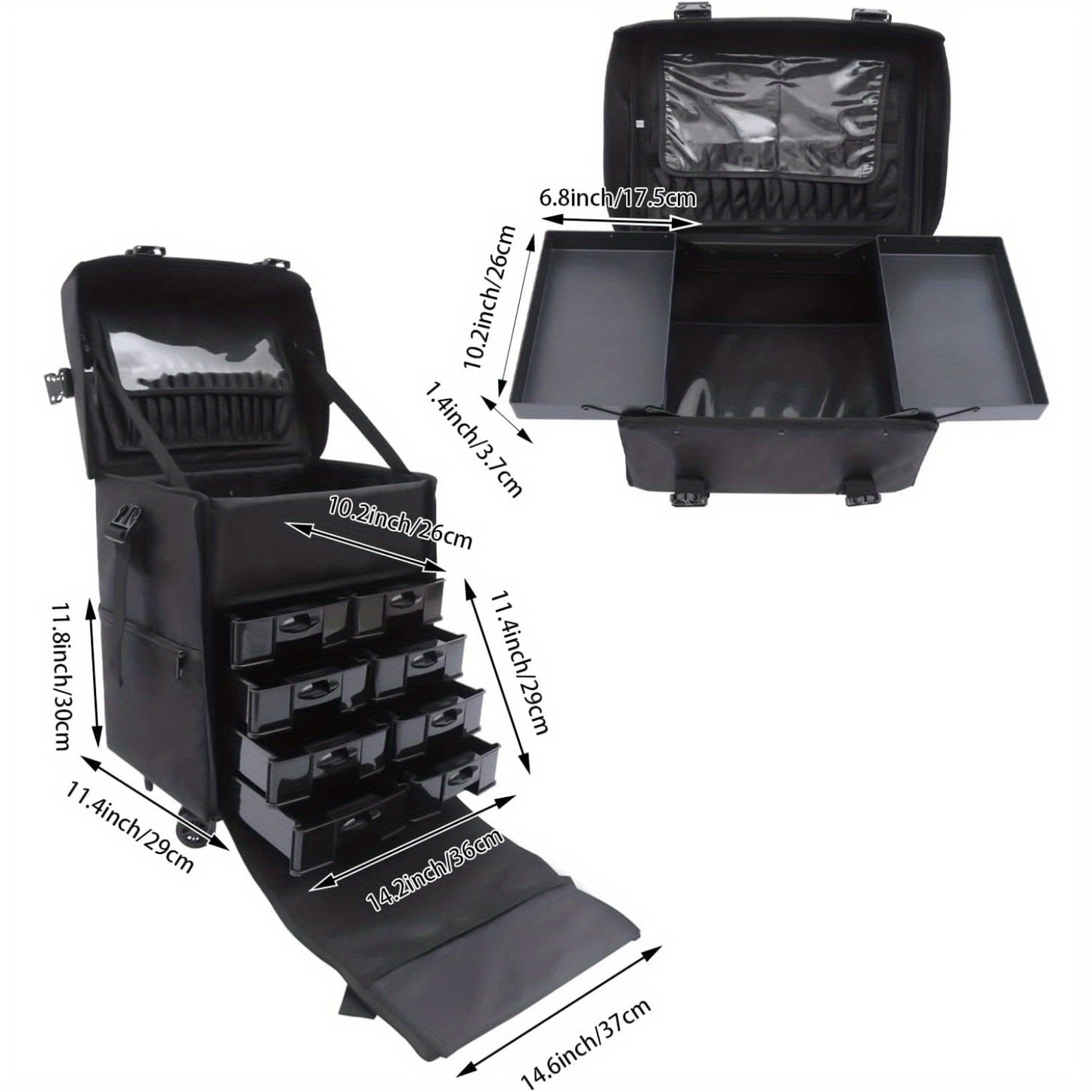 Beauty Trolley – Make-up Koffer – Cosmetica Organizer – Train Case – Reis Koffer – Verwijderbare Wieltjes – Verstelbare Schouderriem – Zwart – Nylon & PVC