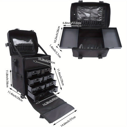 Beauty Trolley – Make-up Koffer – Cosmetica Organizer – Train Case – Reis Koffer – Verwijderbare Wieltjes – Verstelbare Schouderriem – Zwart – Nylon & PVC