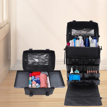 Beauty Trolley – Make-up Koffer – Cosmetica Organizer – Train Case – Reis Koffer – Verwijderbare Wieltjes – Verstelbare Schouderriem – Zwart – Nylon & PVC