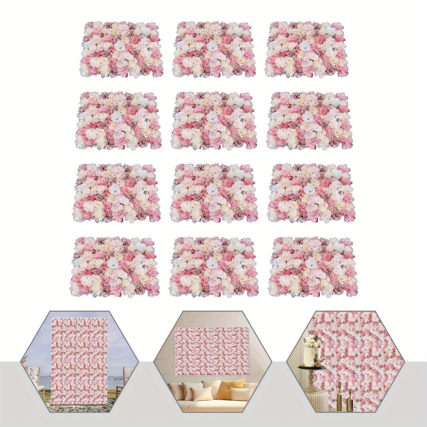 Kunstbloemen Wandpanelen – Bloemenwand Panelen – Kunstbloemen Muurdecoratie – Zijde Bloemenpaneel – Bloemenmat – Roze Wit – 12 Stuks – Weerbestendig 39,98x59,99 cm