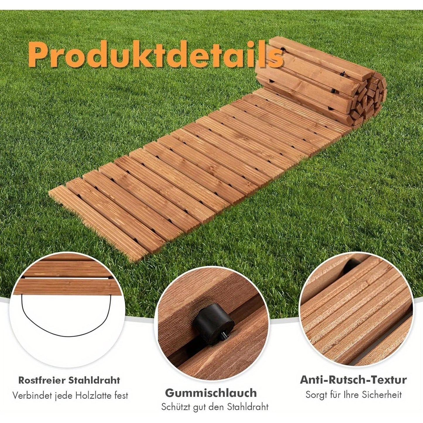 Houten Tuinpad – Uitbreidbaar Tuinpad – Looppad – Tuinpad Loopbrug – Achtertuin Pad – Vurenhout Met Stalen Draad – 245cm Lang, 43cm Breed