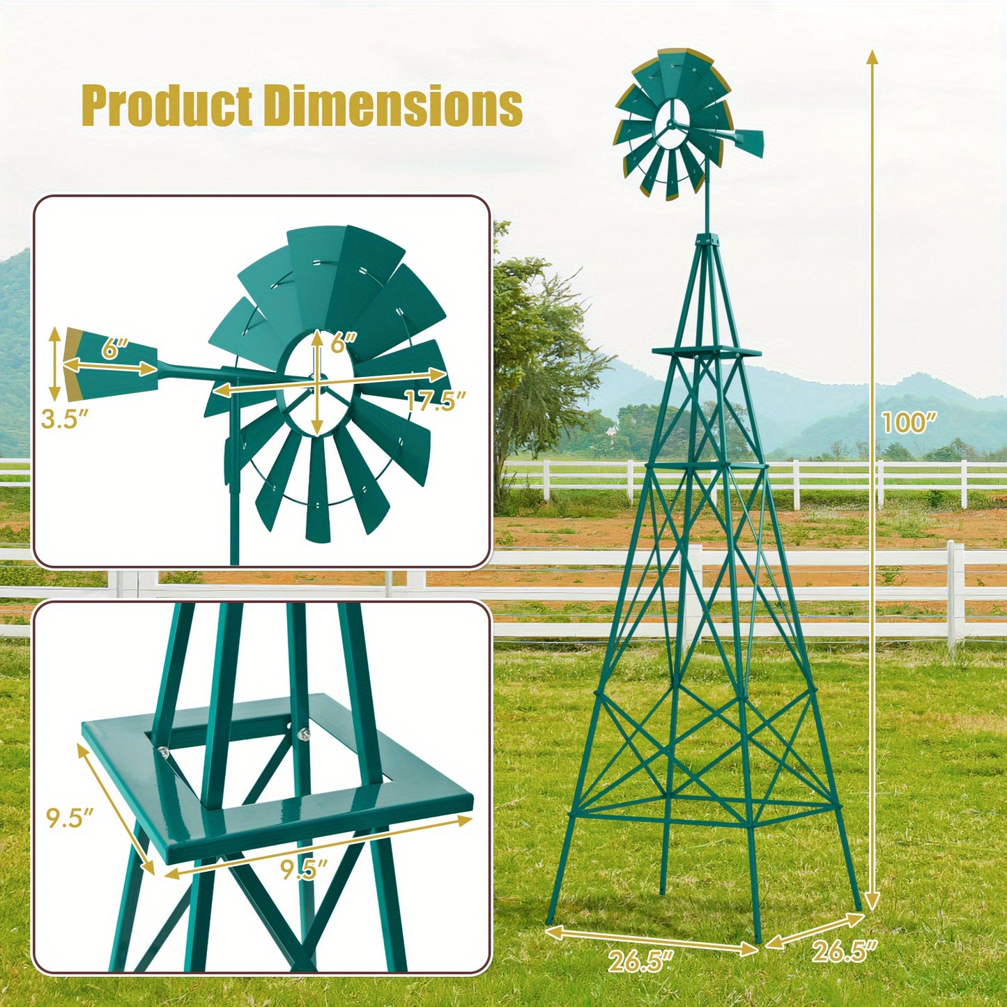 Windmolen – Tuinsteker – Windwijzer – Windspinner – Tuindecoratie – 244 cm Hoog – Weerbestendig Metaal