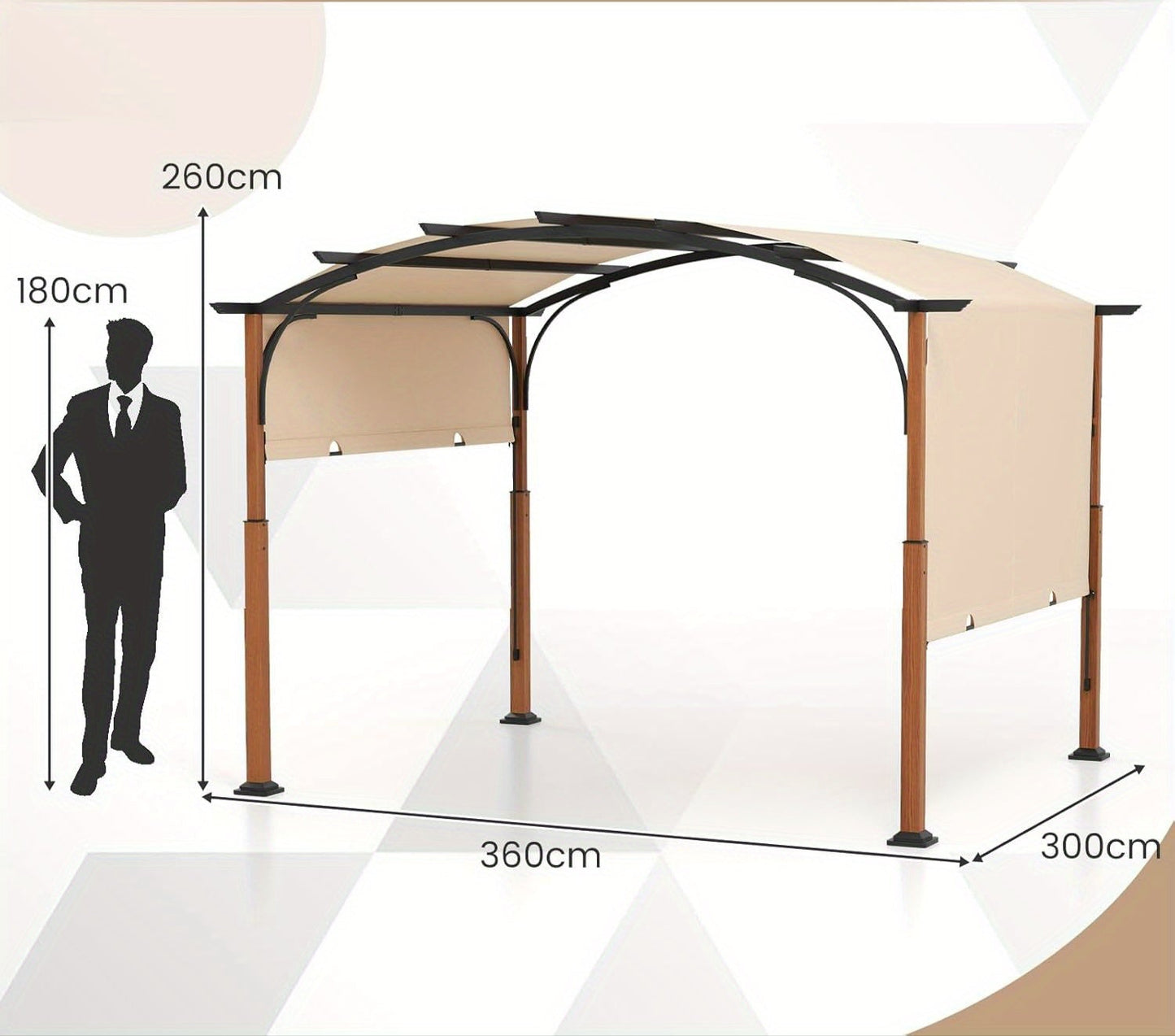 Pergola – Tuinpaviljoen – Overkapping – Prieel – Tuinconstructie – Verstelbaar Oproldak – Robuust Gepoedercoat Metalen Frame – 360x300 cm Beige